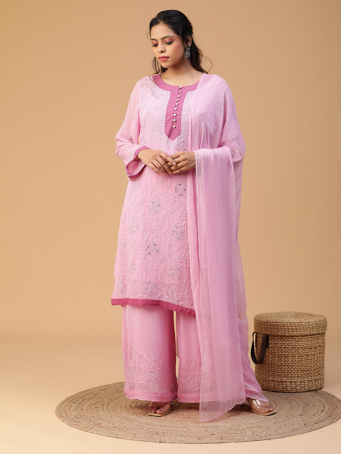 Chikankari pink georgette kurta set with mukaish dupatta