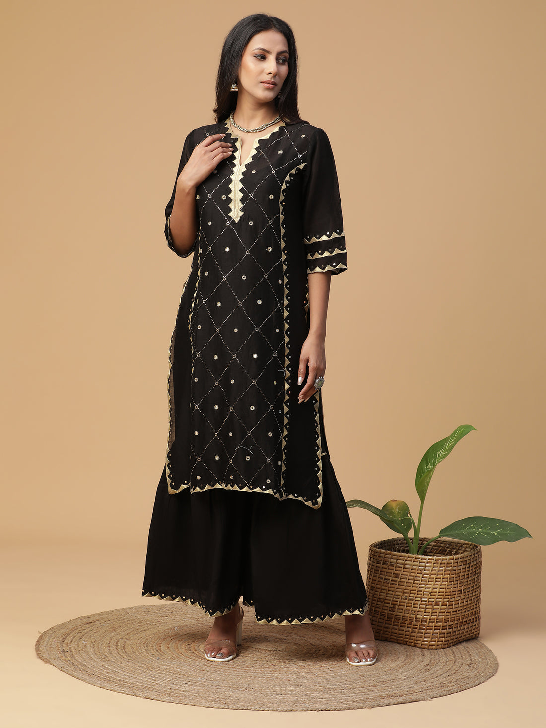 Chanderi black sharara set with mirror work