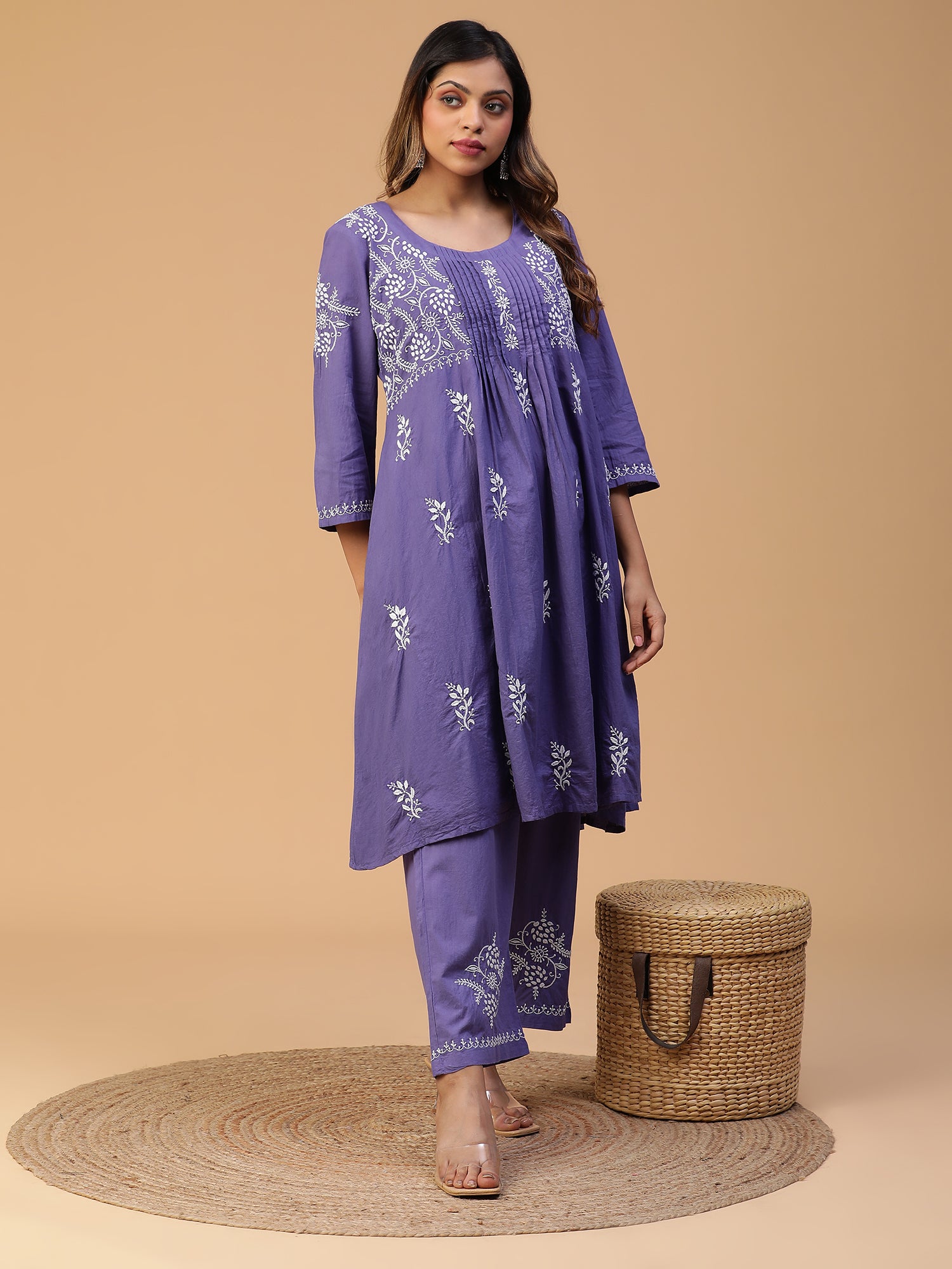 CHIKANKARI COTTON A-LINE PLEATED YOKE KURTA SET