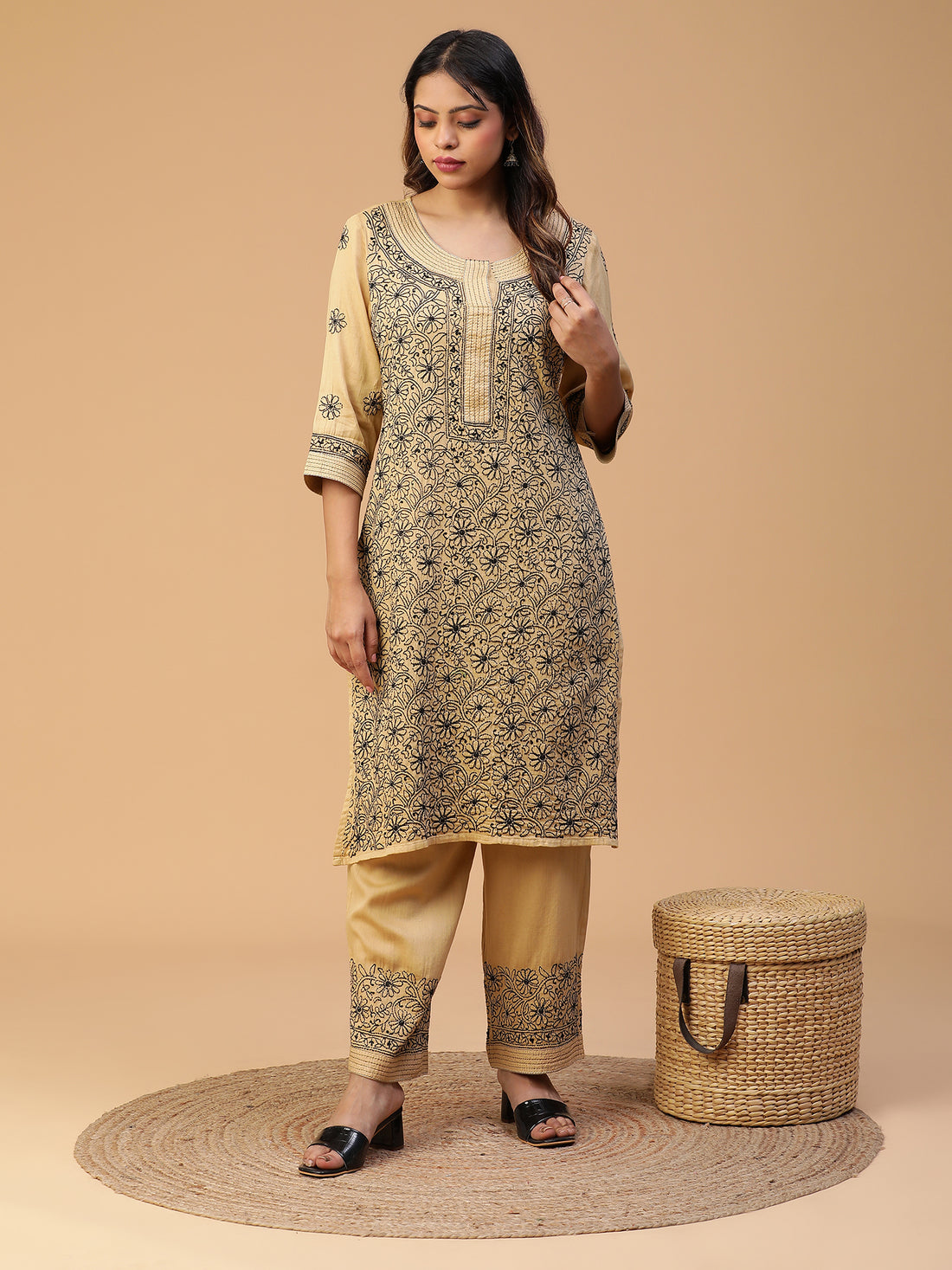 Beige Chikankari Cotton Kurta With Black Thread Detailing Set