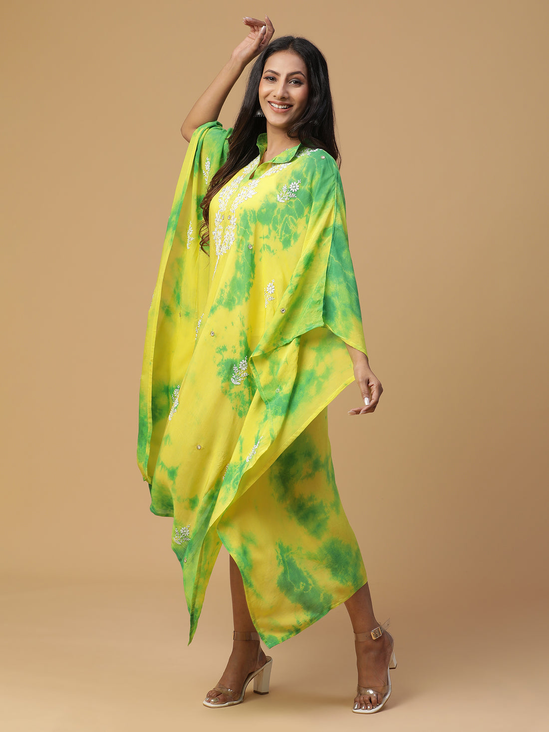 Muslin yellow & green shibori kaftan with Chikankari work