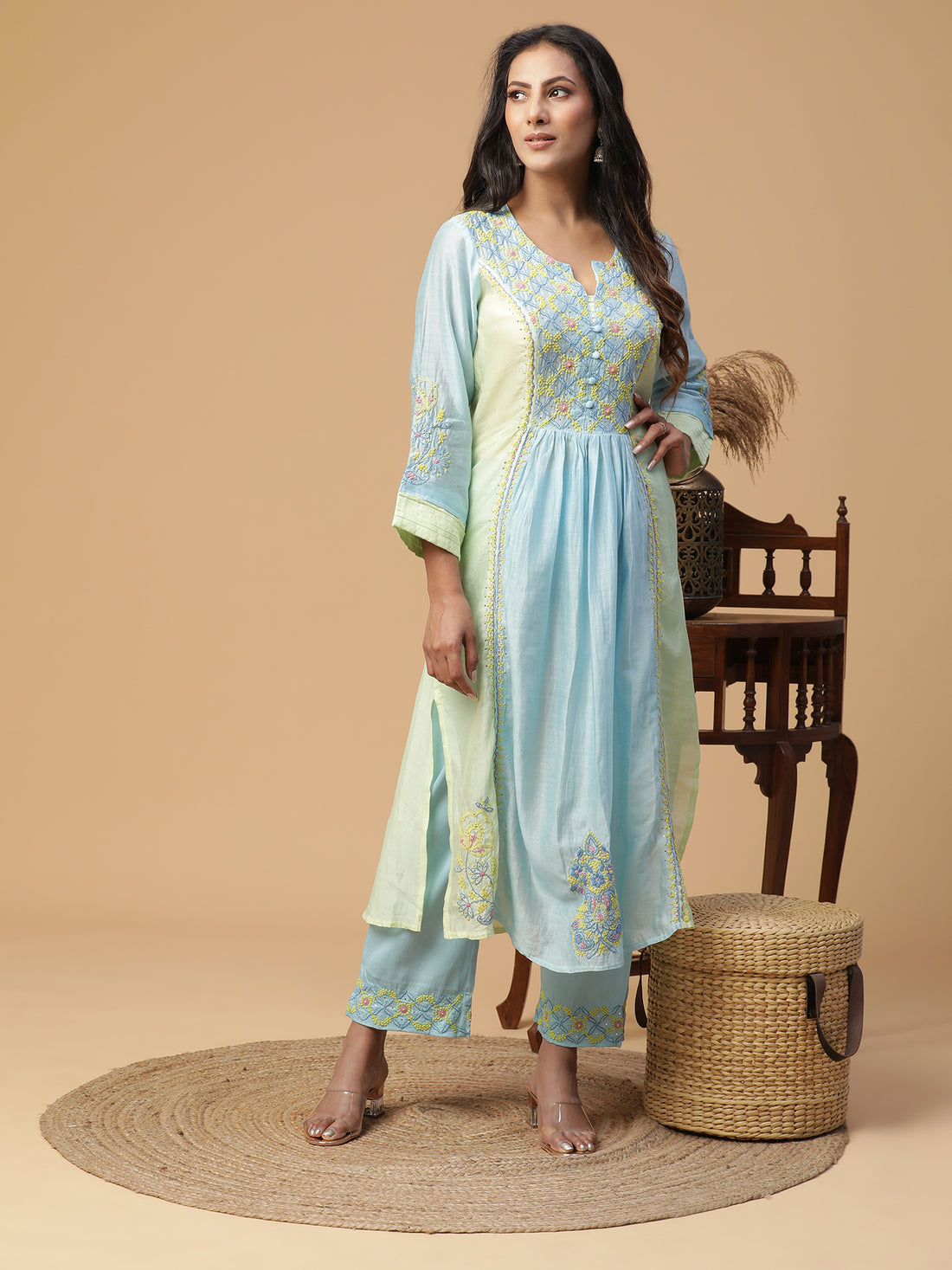 Semal Hand Embroidered Chanderi Pastle Blue Lucknowi Chikankari Kurta Set