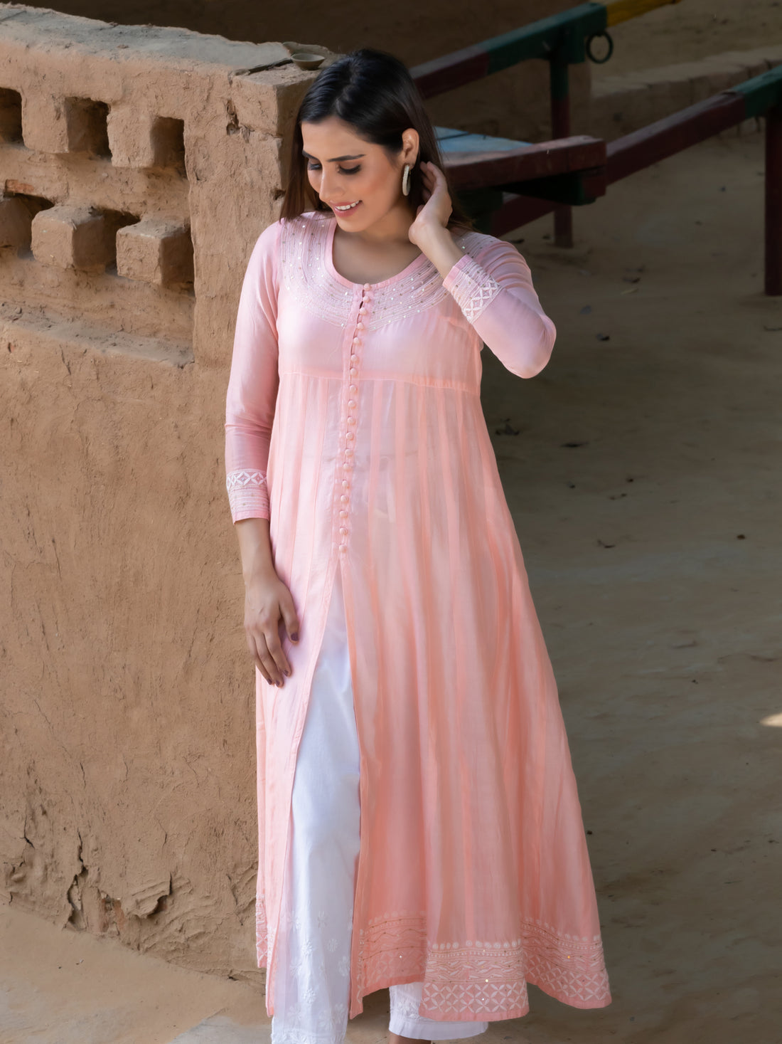 Chikankari Chanderi front slit open kali kurta