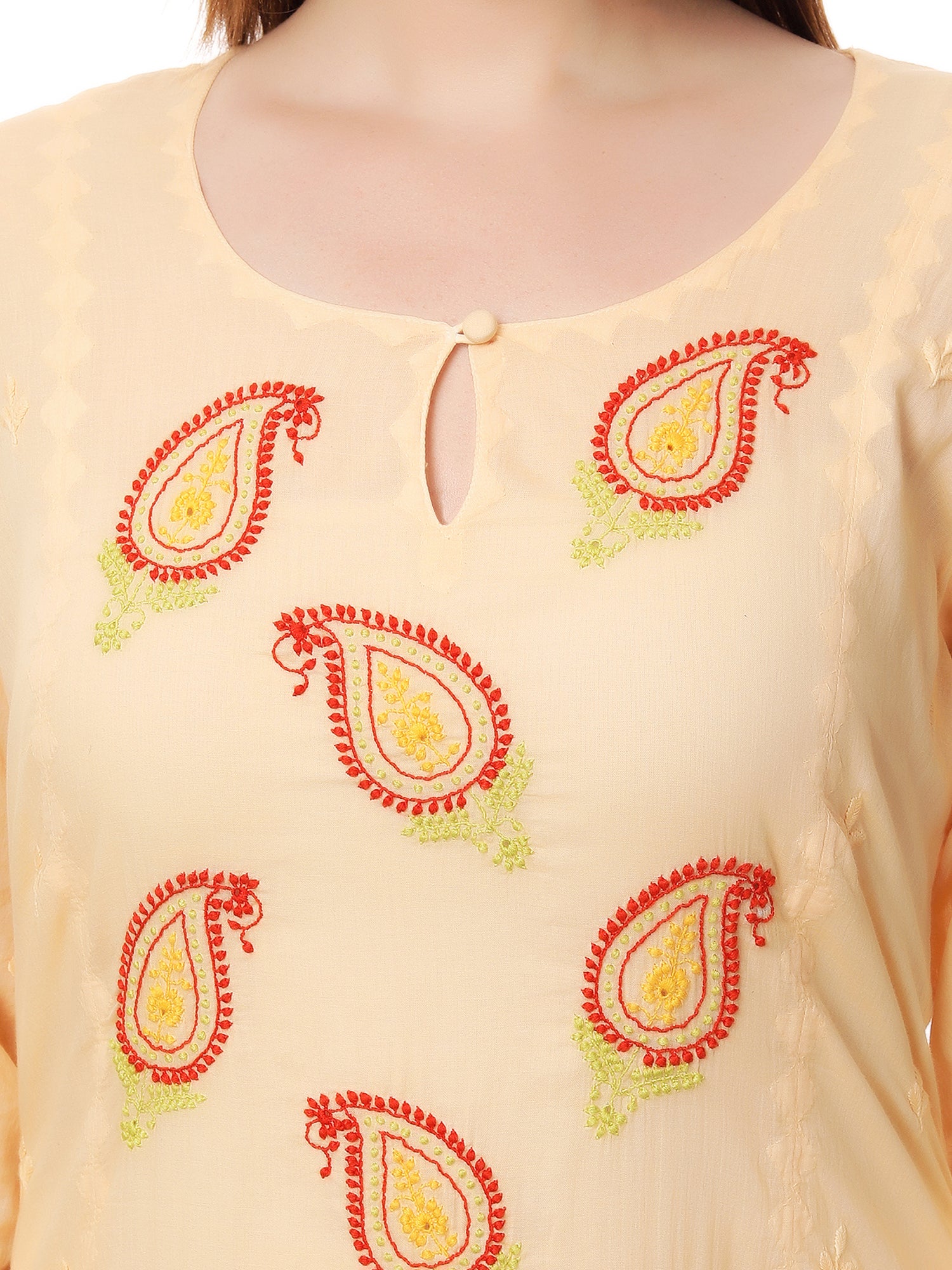 Chikankari cotton straight kurta with appliqué work detailing