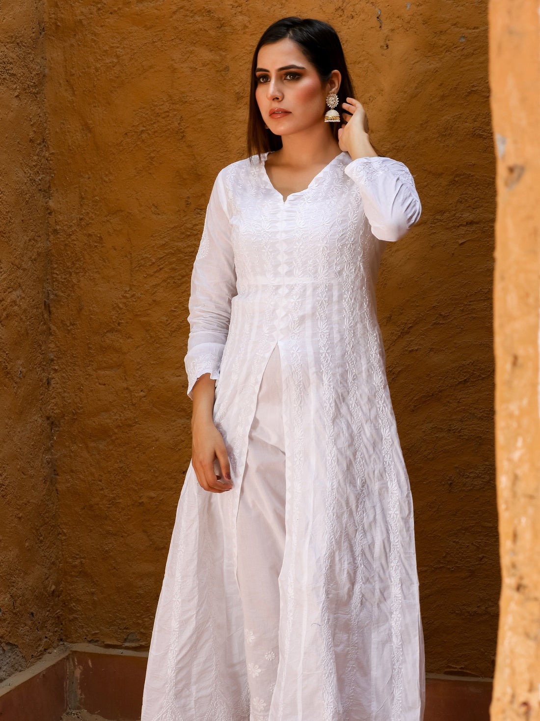 Semal handicrafts Chikankari front slit open long skirt kali kurta