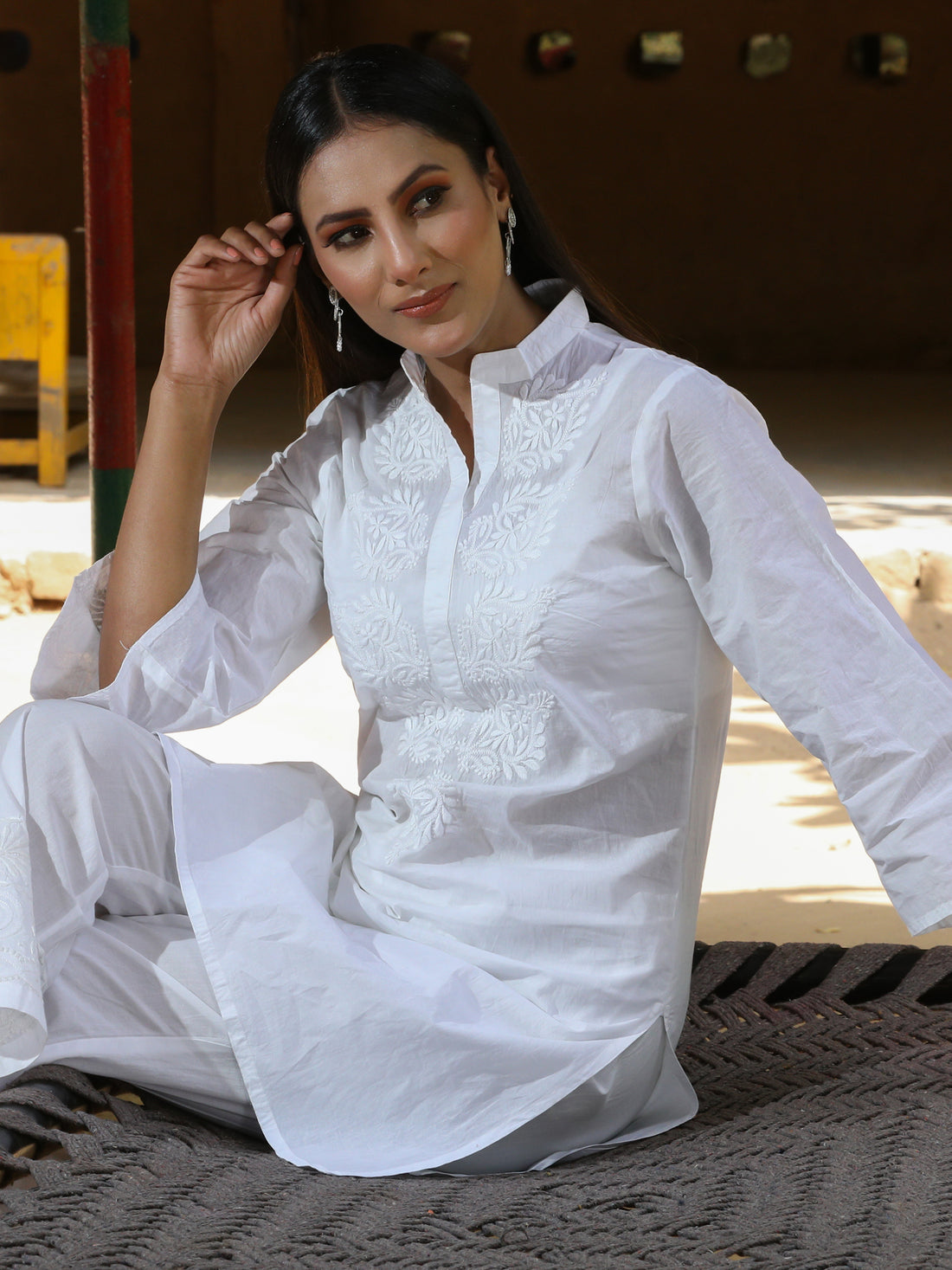 Semal handicrafts Chikankari white cotton knee length kurta