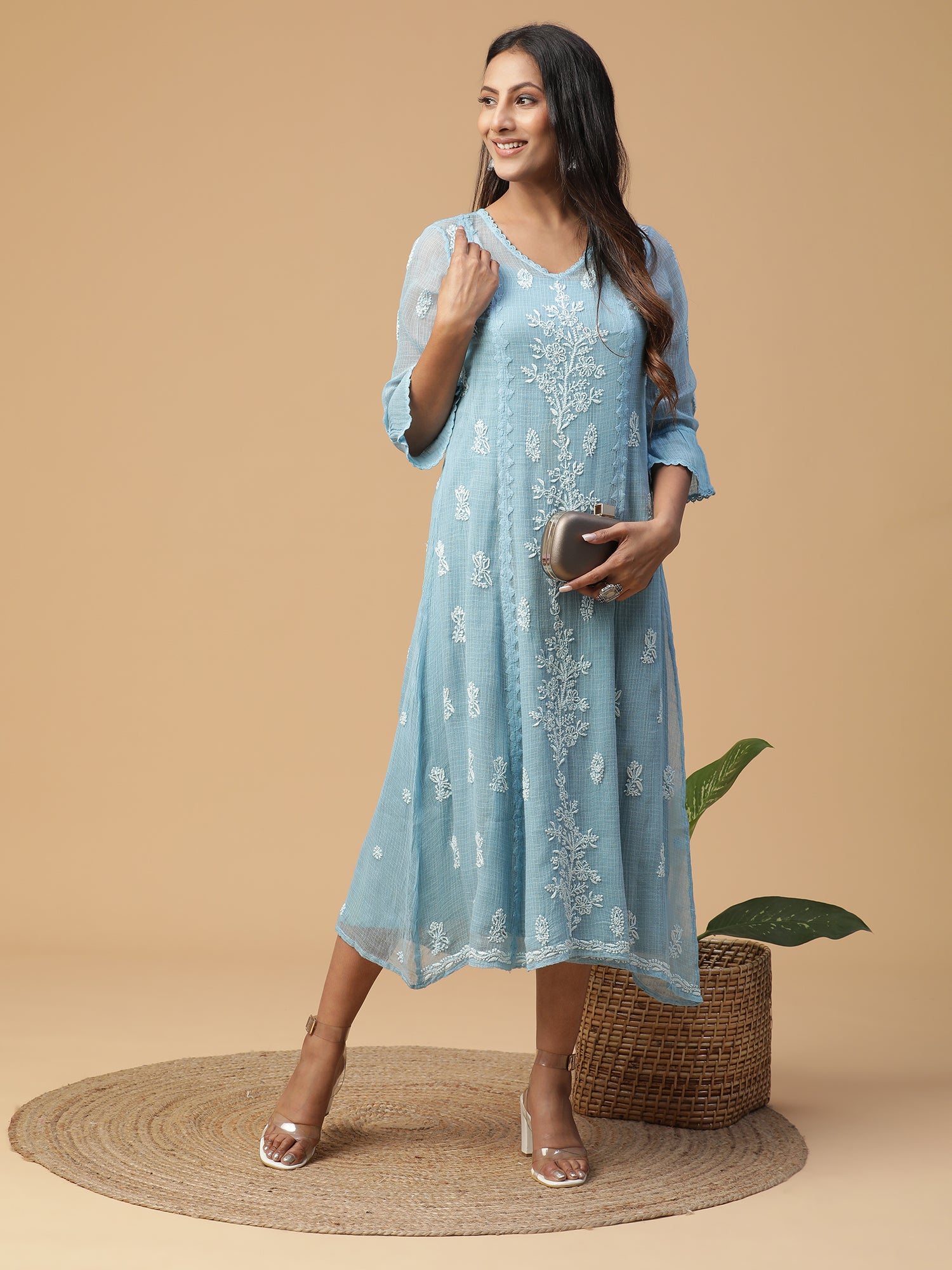 Semal Hand Embroidered Powder Blue Lucknow Chikankari A-line Kota Doria kurta with Applique work