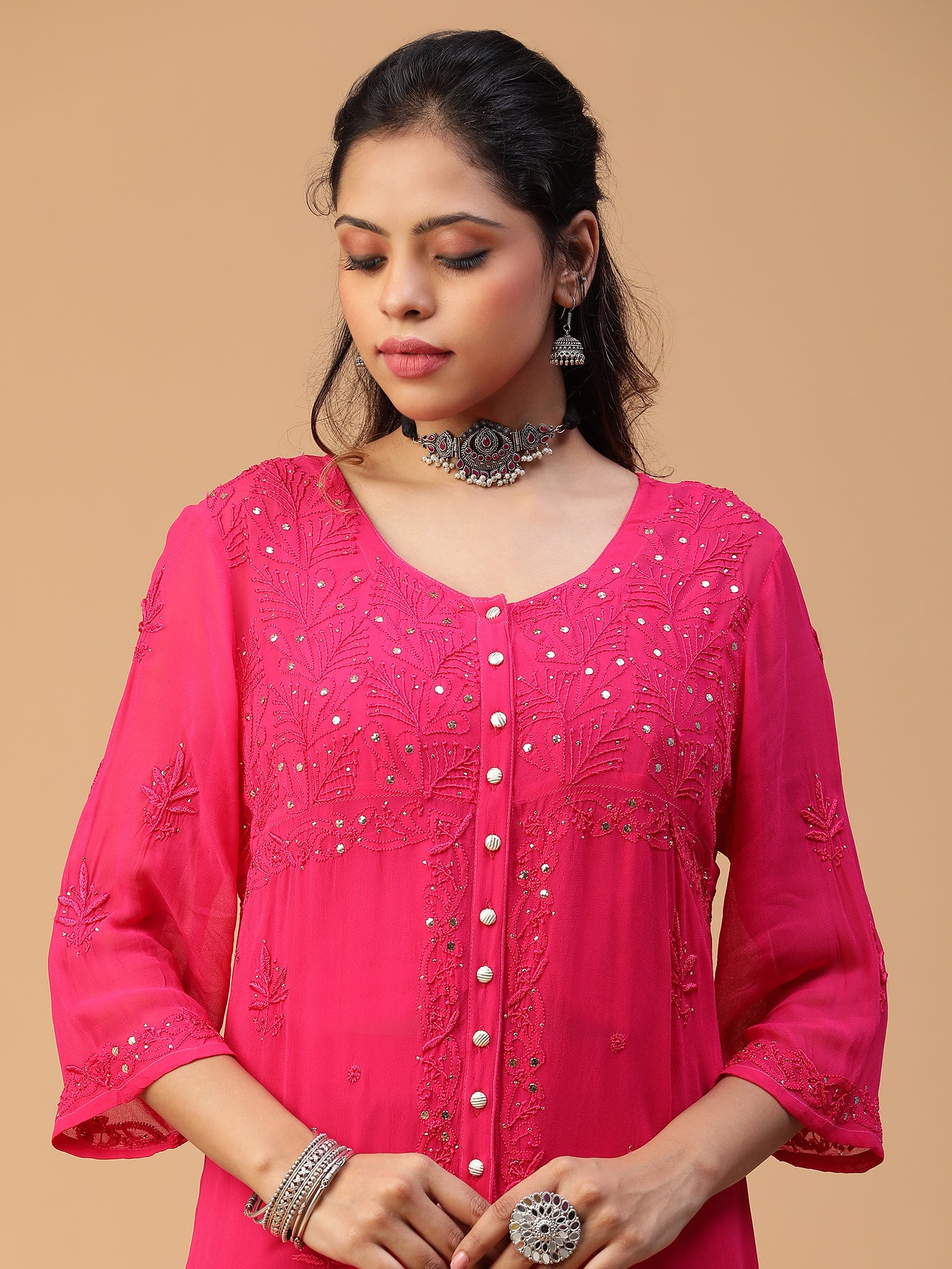 Chikankari viscose georgette kurta set with mukaish work