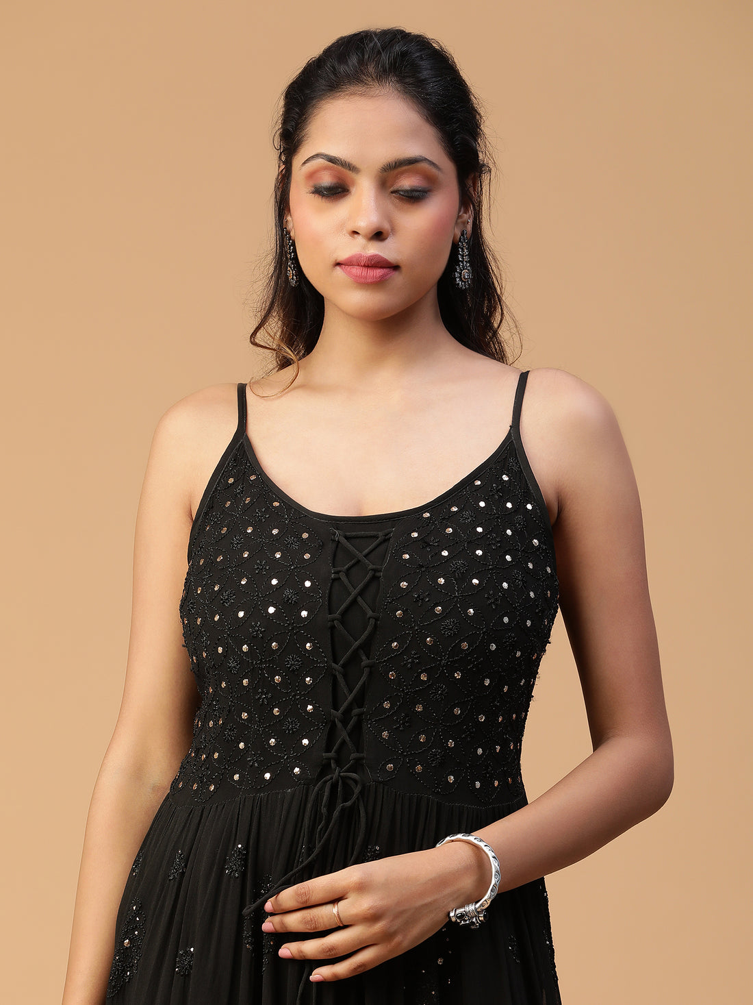 Chikankari viscose georgette black dress with mukaish work