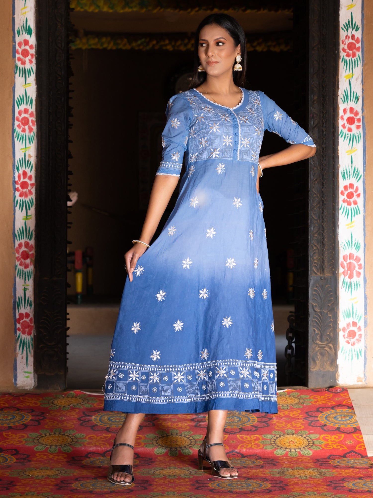 Chikankari Cotton Ombre Blue Color A-Line Kurta With Gota Patti Work