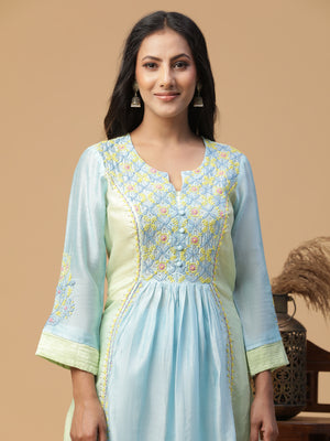 Semal Hand Embroidered Chanderi Pastle Blue Lucknowi Chikankari Kurta Set