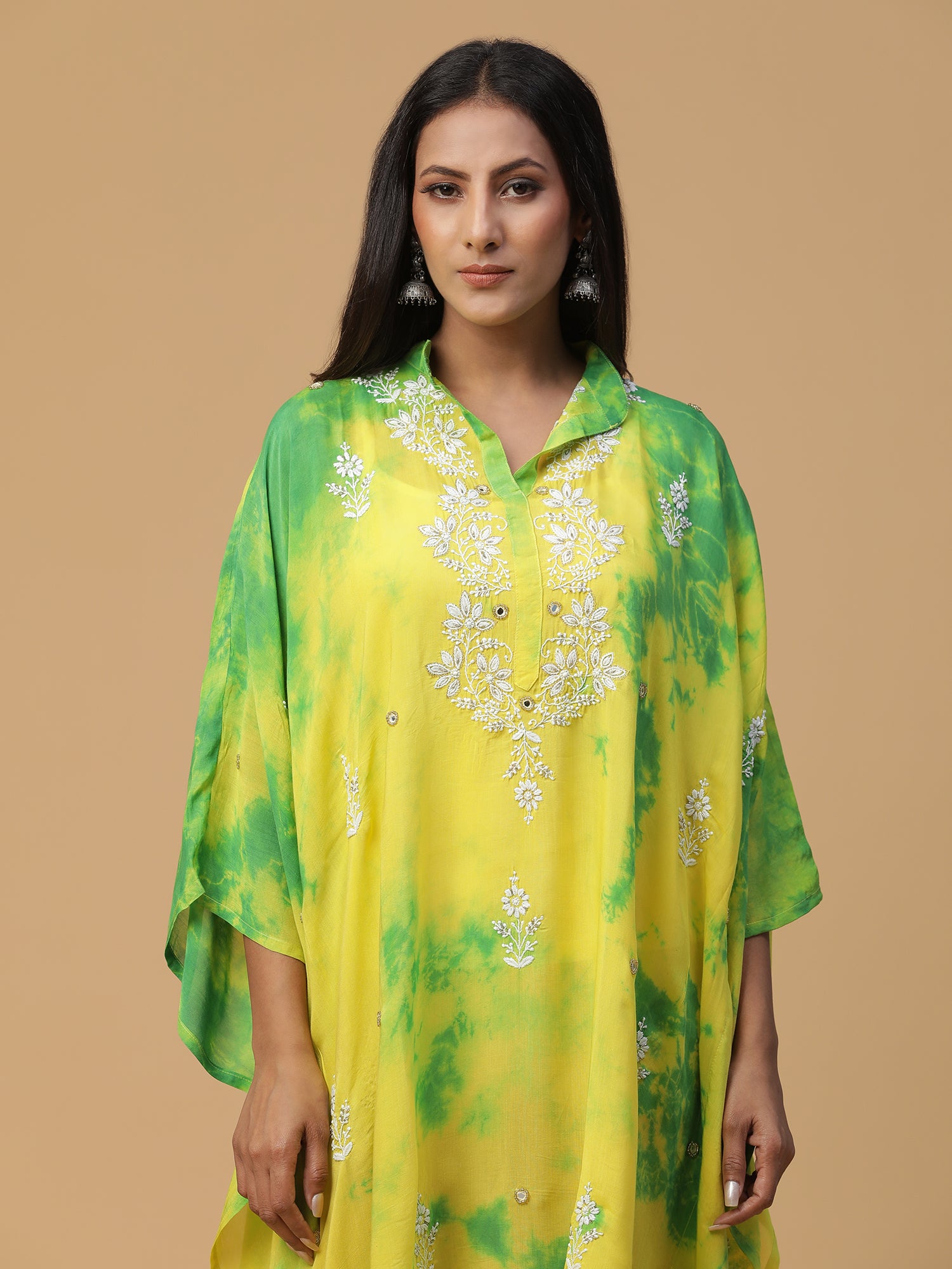 Muslin yellow & green shibori kaftan with Chikankari work