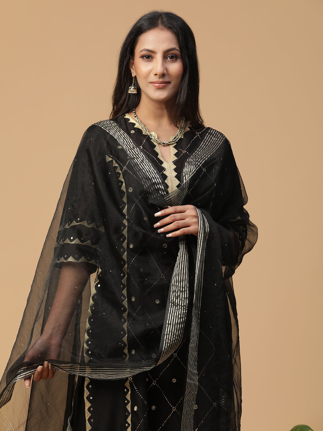 Chanderi black sharara set with mirror work