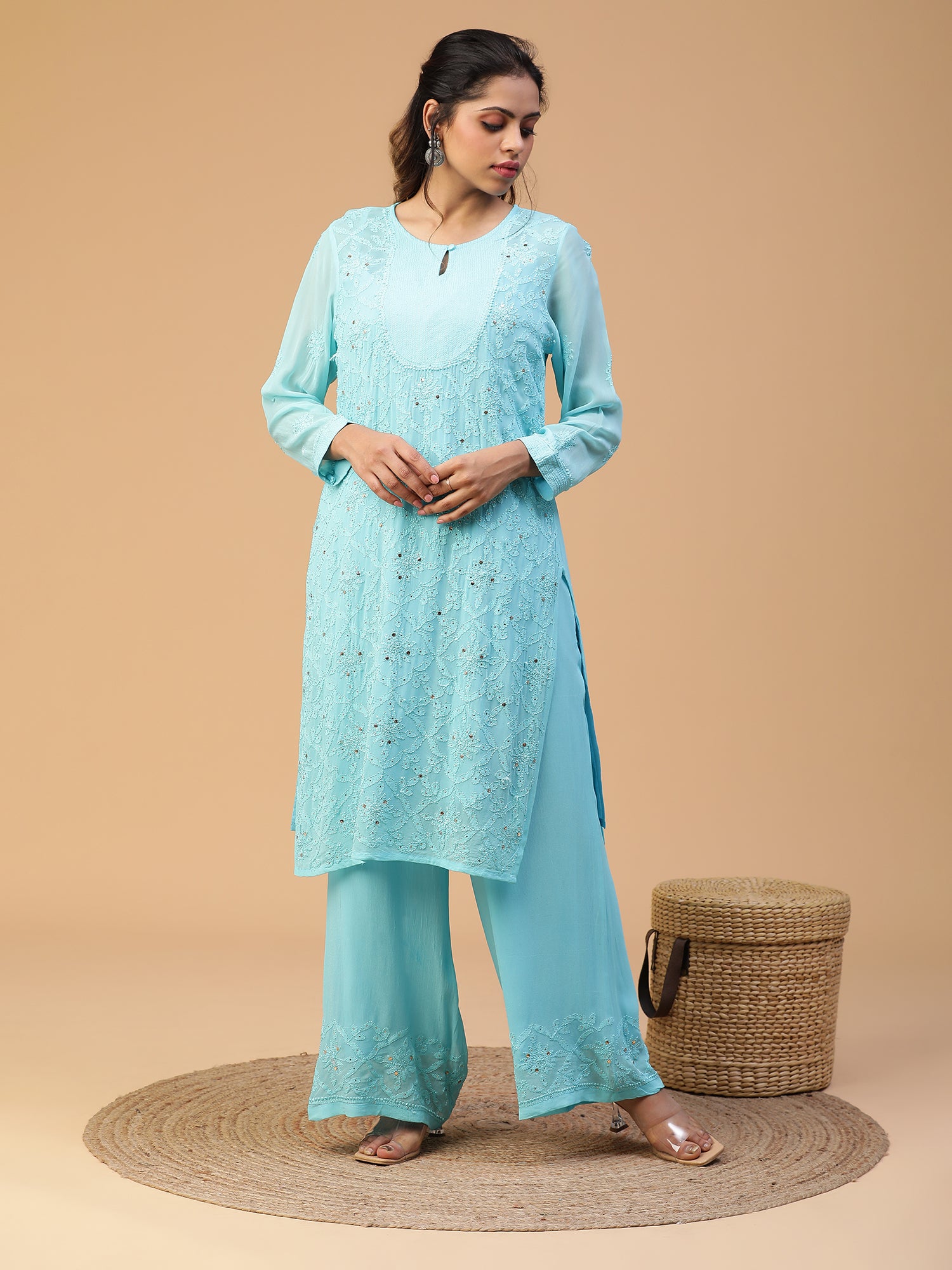 Chikankari viscose georgette yoke kasab detailing mukaish work kurta with dupatta set