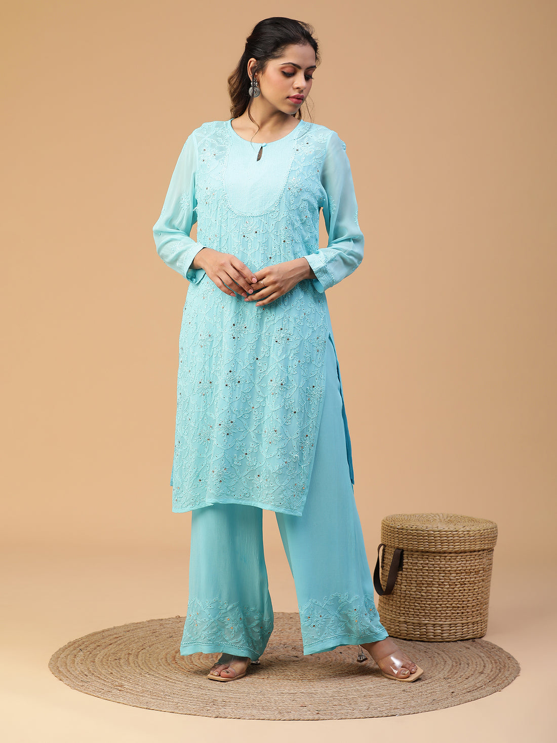 Chikankari viscose georgette yoke kasab detailing mukaish work kurta with dupatta set