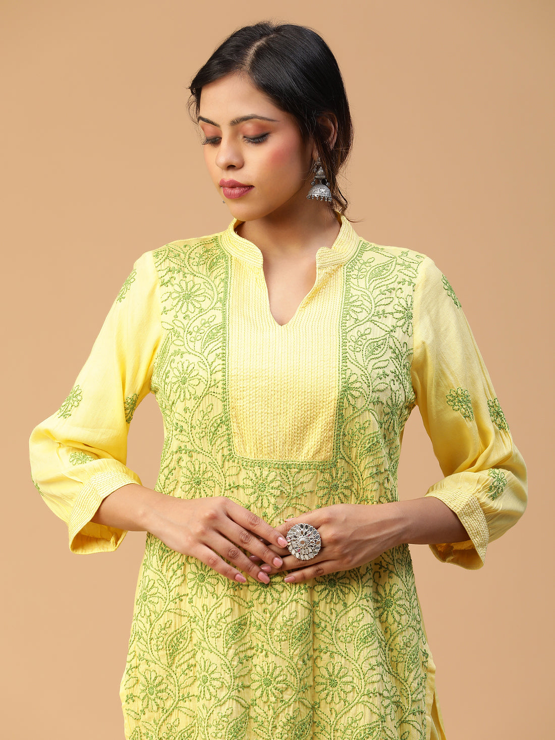 Lime Green Mandarin Collar Straight Kurta