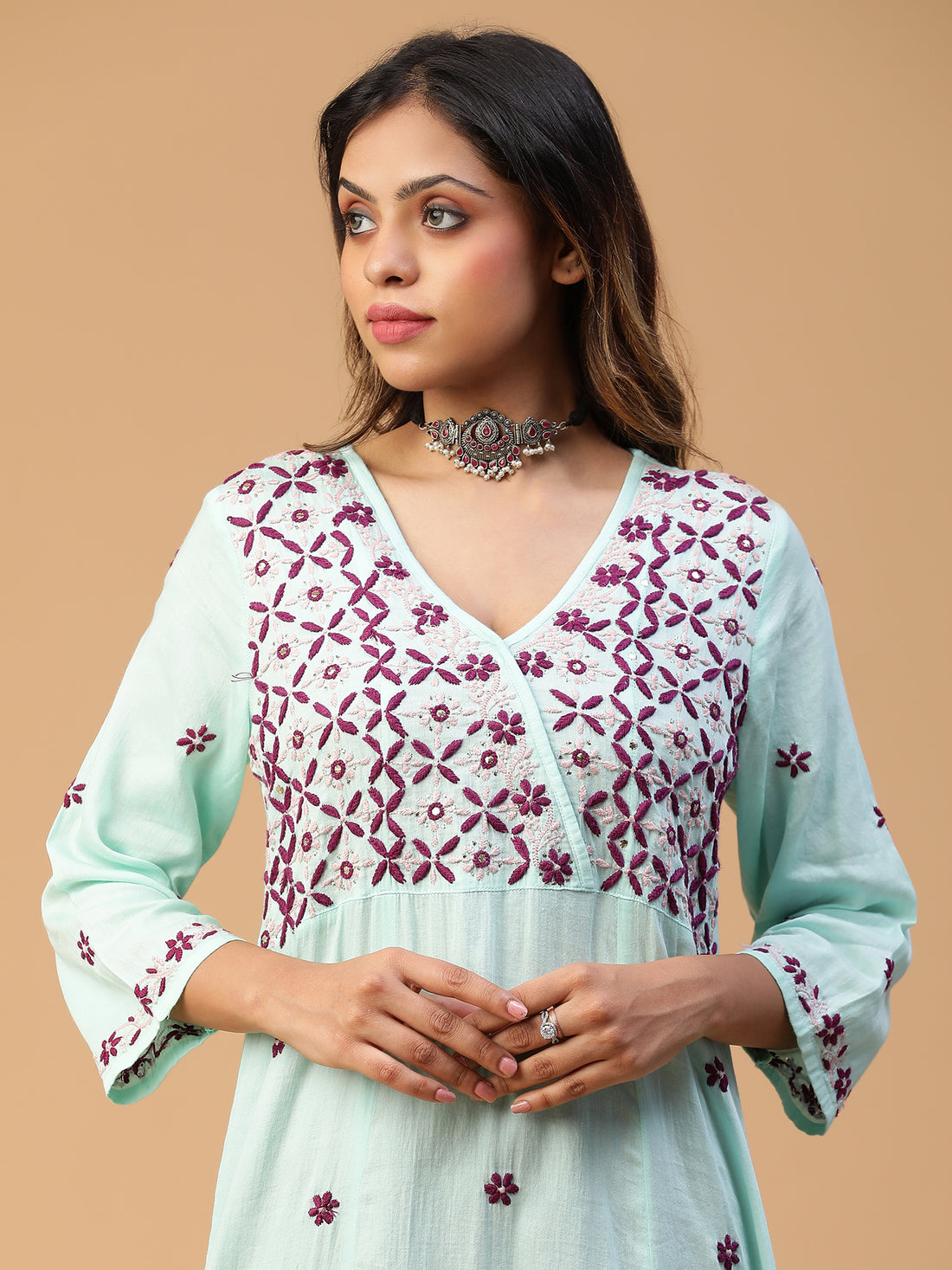 CHIKANKARI COTTON ANGARAKHA NECK DRESS