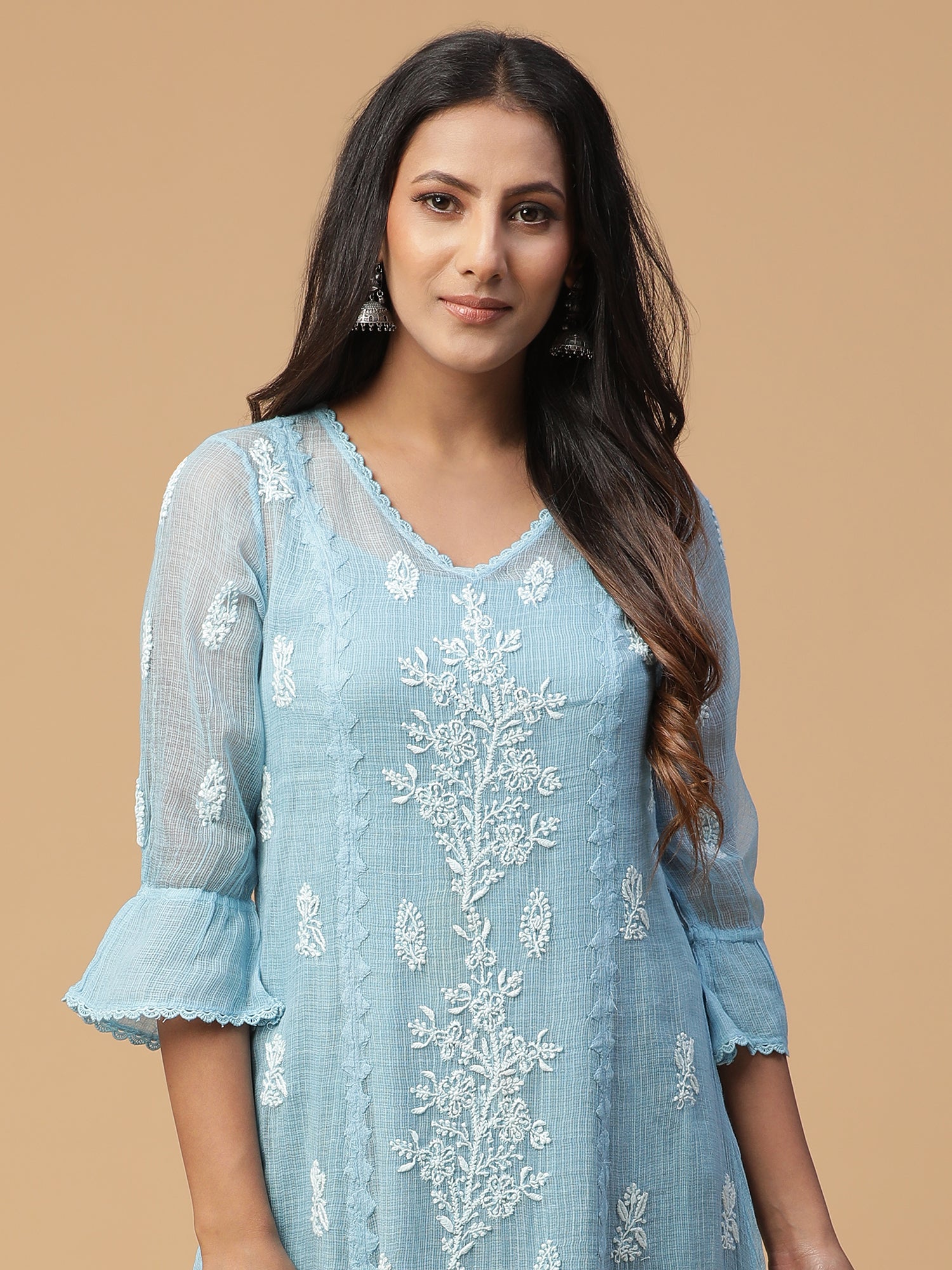 Semal Hand Embroidered Powder Blue Lucknow Chikankari A-line Kota Doria kurta with Applique work