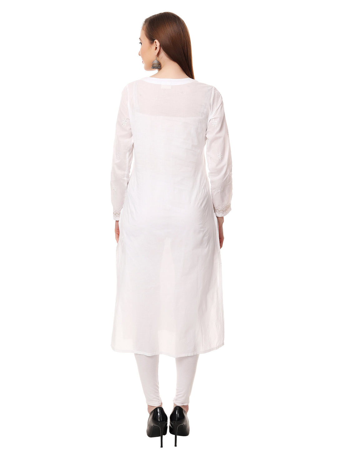 Chikankari cotton straight white color kurta with sequence embroidery on the hem.