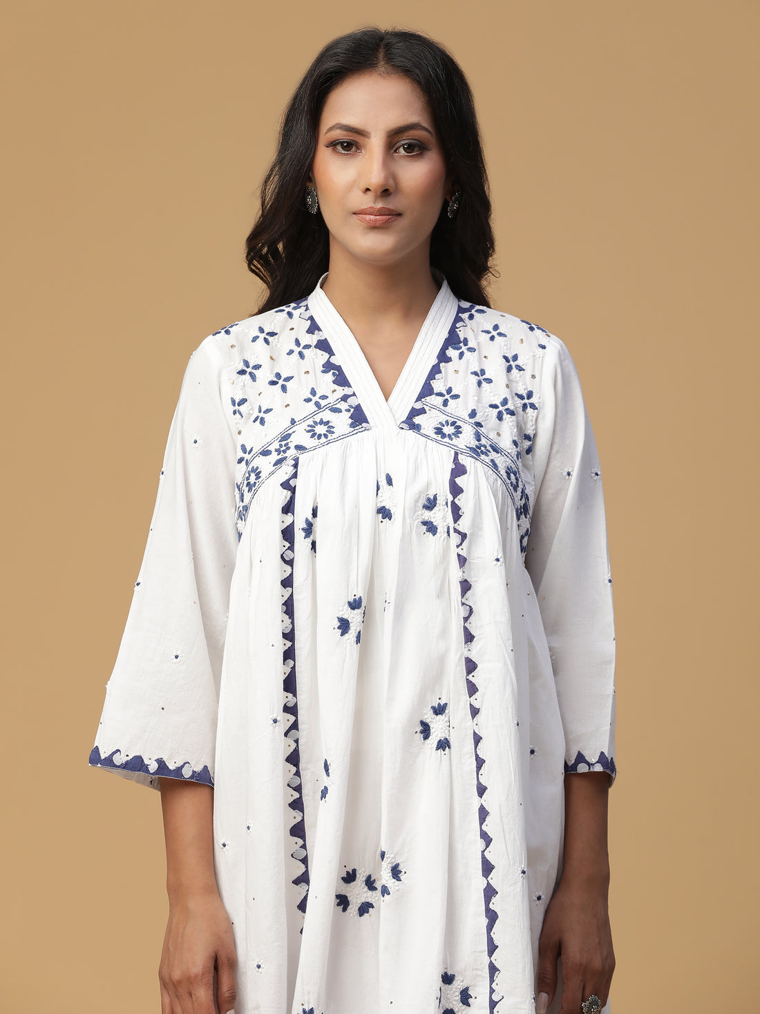 Indigo Chikankari V-neck gathered kurta set with Applique work