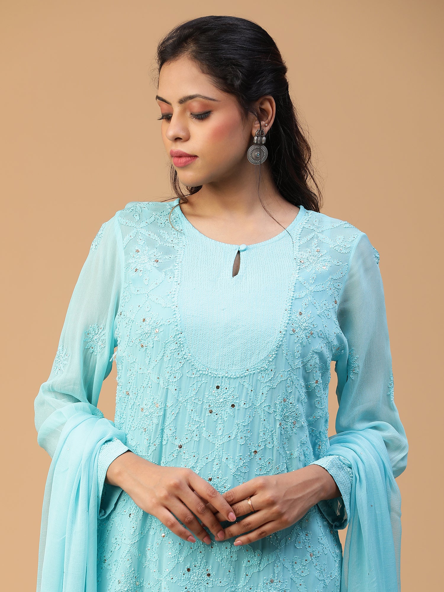 Chikankari viscose georgette yoke kasab detailing mukaish work kurta with dupatta set