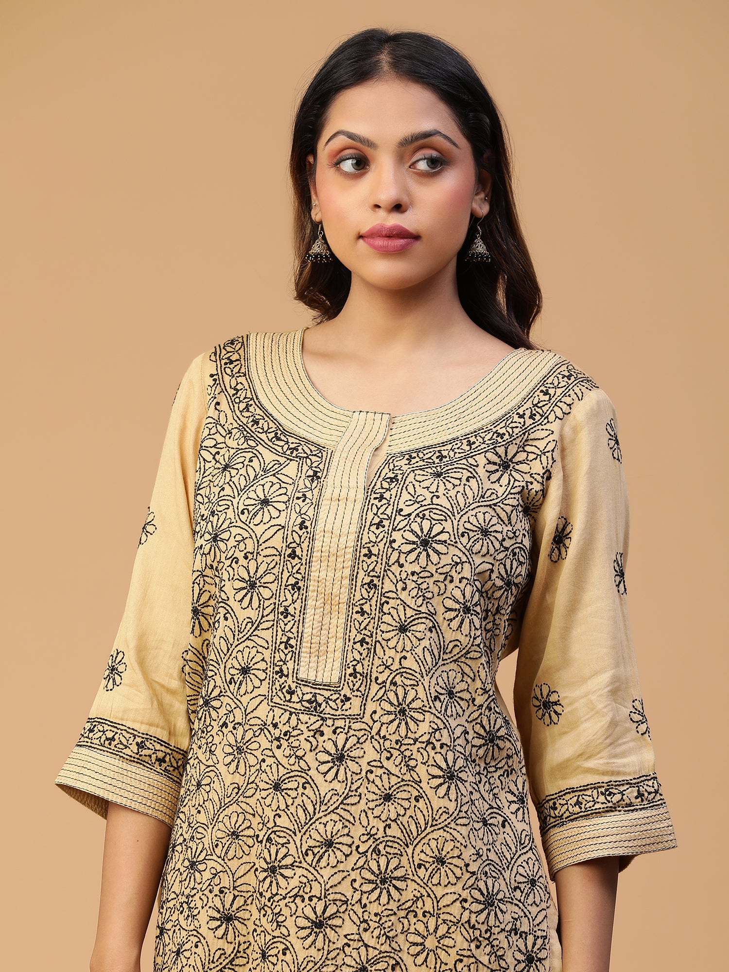 Beige Chikankari Cotton Kurta With Black Thread Detailing Set