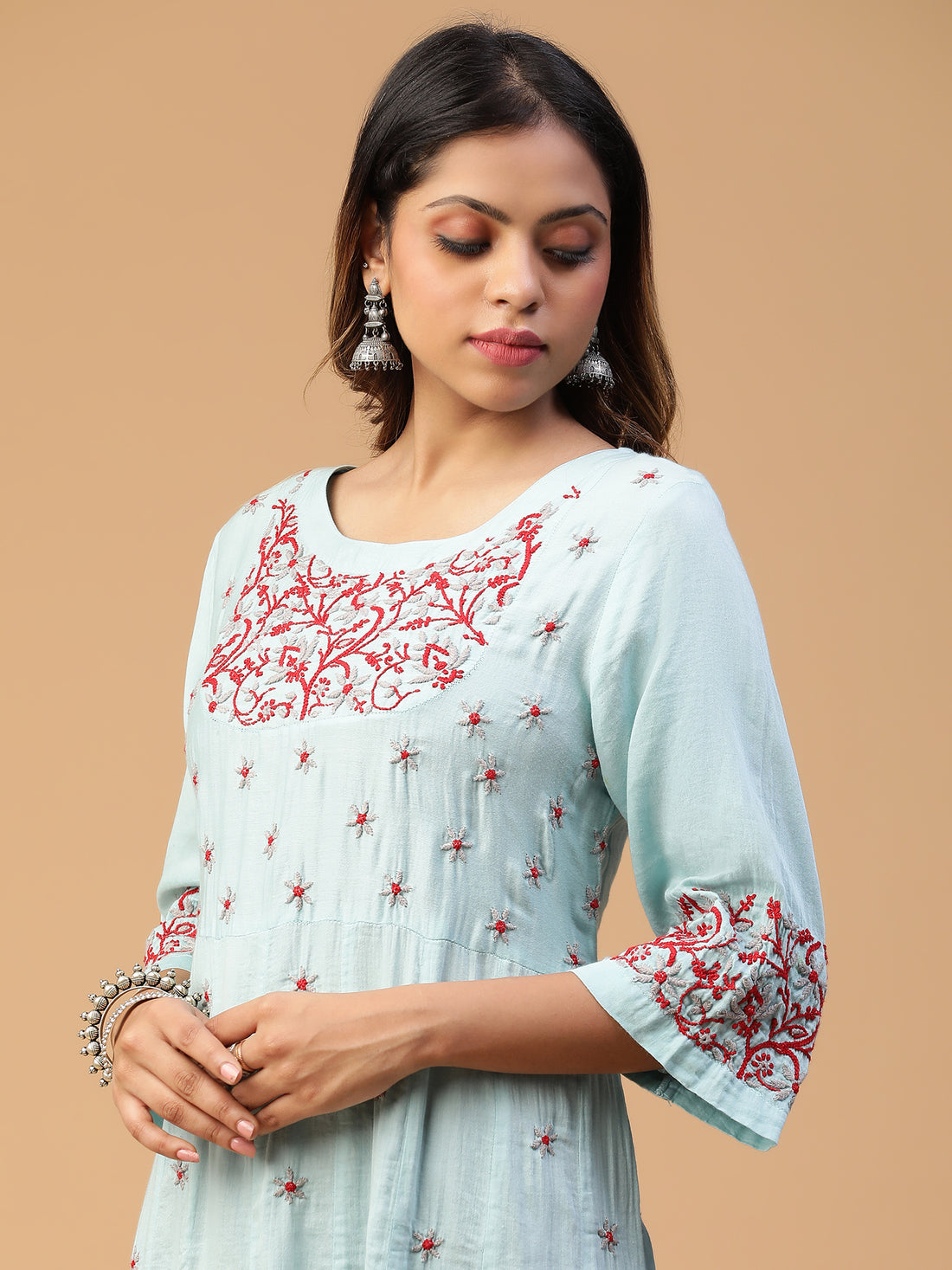 CHIKANKARI KALI FROCK  WITH EMBROIDERED YOKE