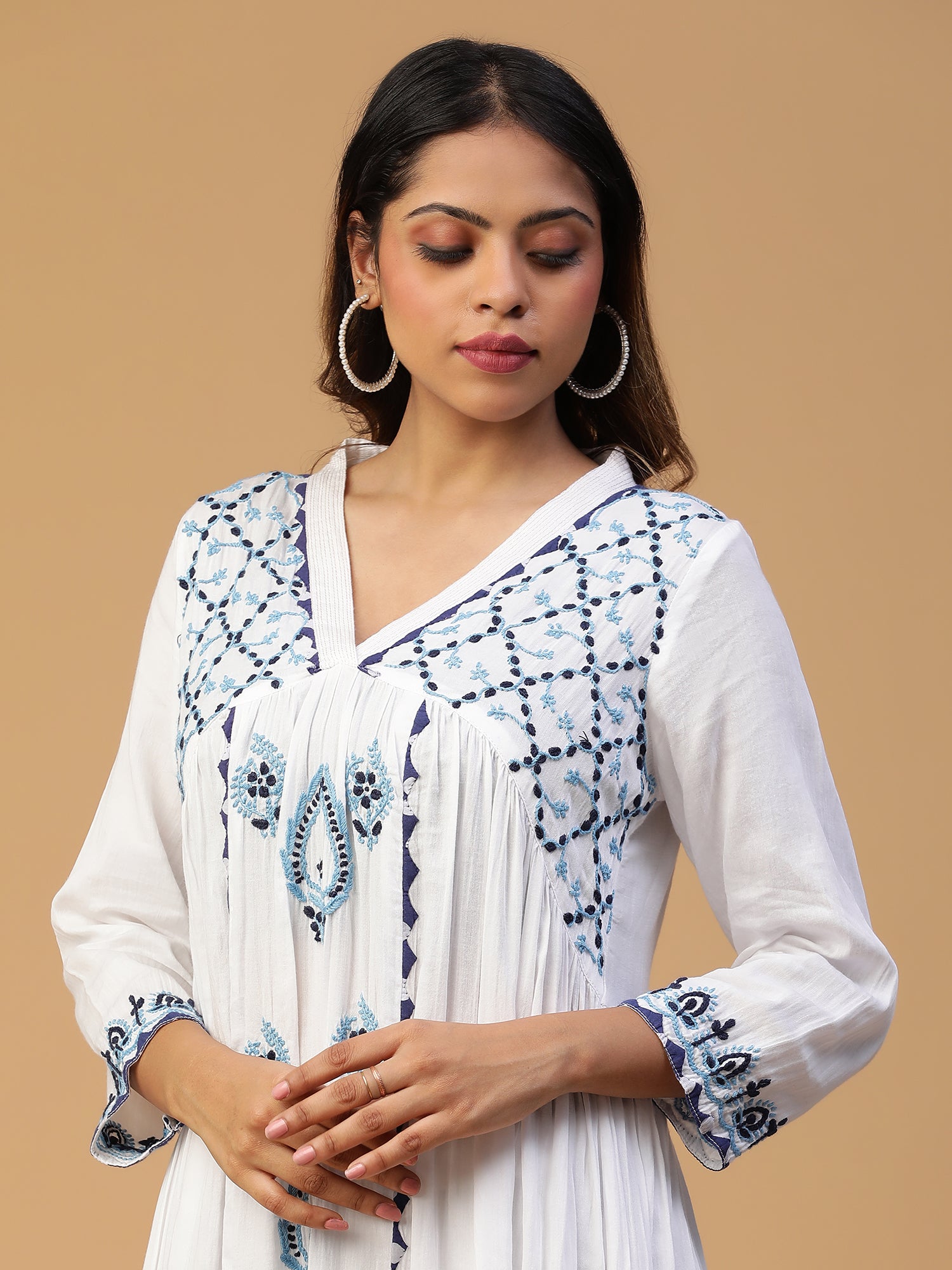 Indigo Chikankari V-neck gathered kurta set with Applique work