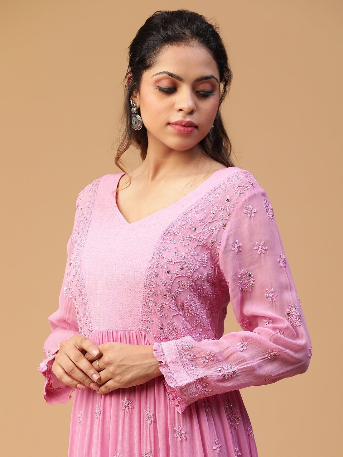 Chikankari viscose georgette yoke dress with mukaish work