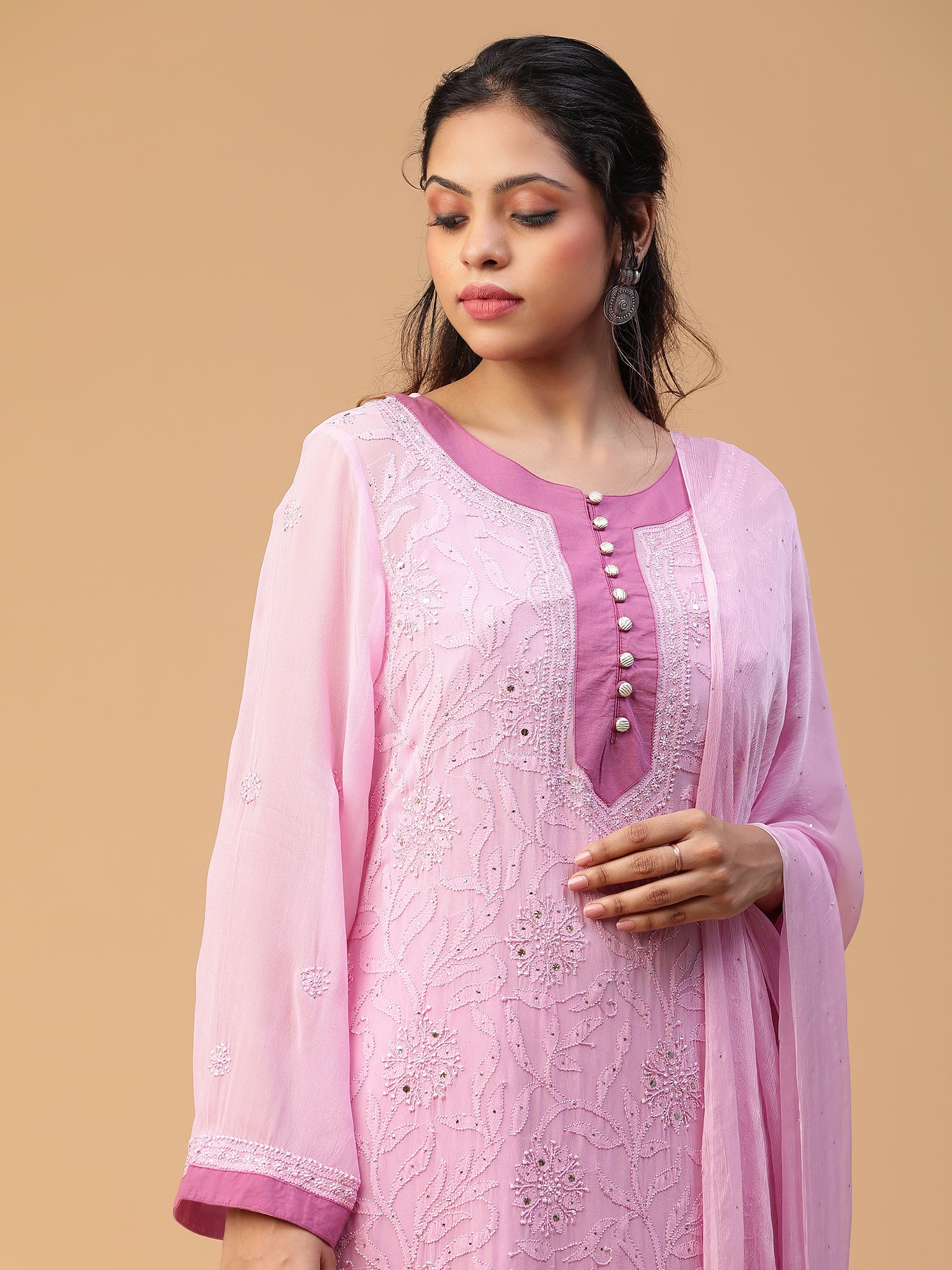 Chikankari pink georgette kurta set with mukaish dupatta